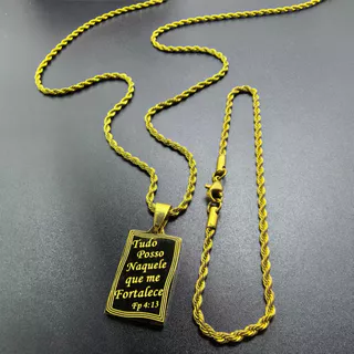 Corrente Masculina e Feminina Aço Inoxidável Prata/Dourado Colar com Pingente Placa Tudo Posso
