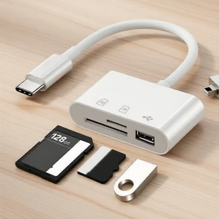 Leitor de cartões USB-C 3 portas SD/TF Adaptador multiporta compatível com iPhone, iPad, MacBook, Galaxy