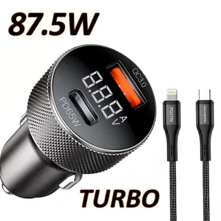 Carregador Veicular Turbo 87.5W USB-C USB-A Carregamento rápido Metal aeronáutico TIPO C/Lightning/Sem cabo