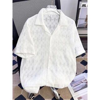 Design oco camisa de manga curta masculina verão gelo seda camisa de secagem rápida solta rufião bonito na moda Casual m