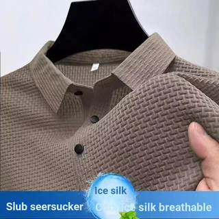 Camisa Polo de seda gelo manga curta camiseta masculina verão lapela Casual camiseta gola alta respirável gelo meia mang