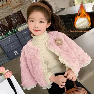 [Estilo forro de lã/estilo acolchoado] jaqueta suéter de lã elegante para meninas inverno 2024 novo estilo bebê menina T