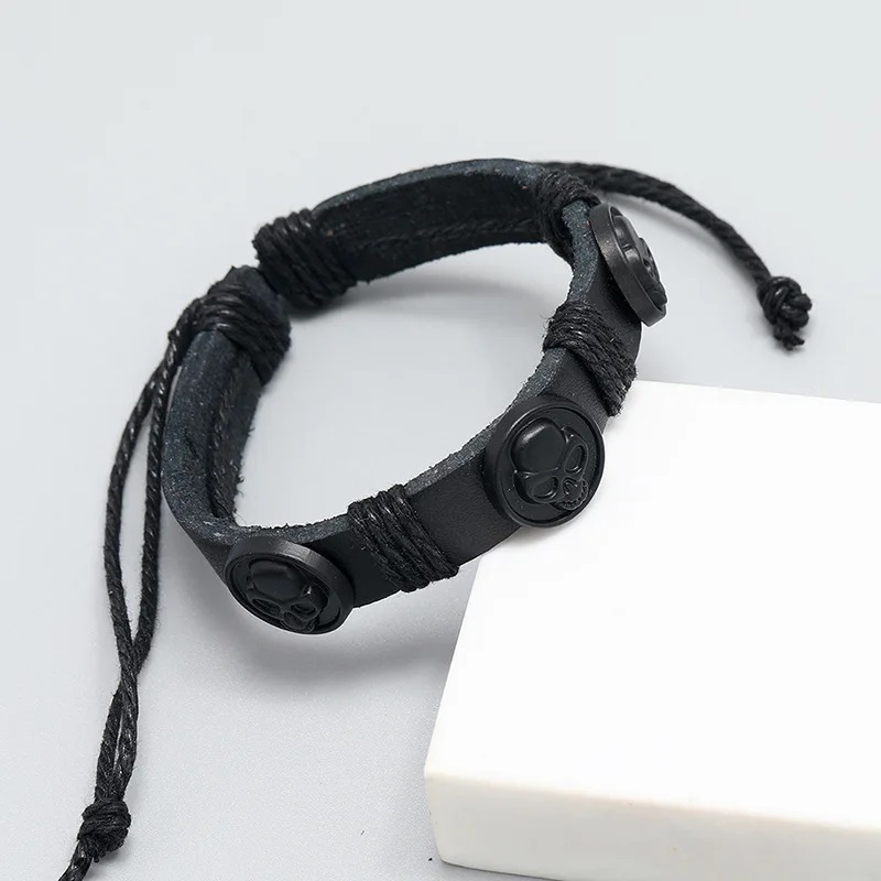 Pulseira Masculina De Couro Com Caveira Punk Rock Regulável Y-22