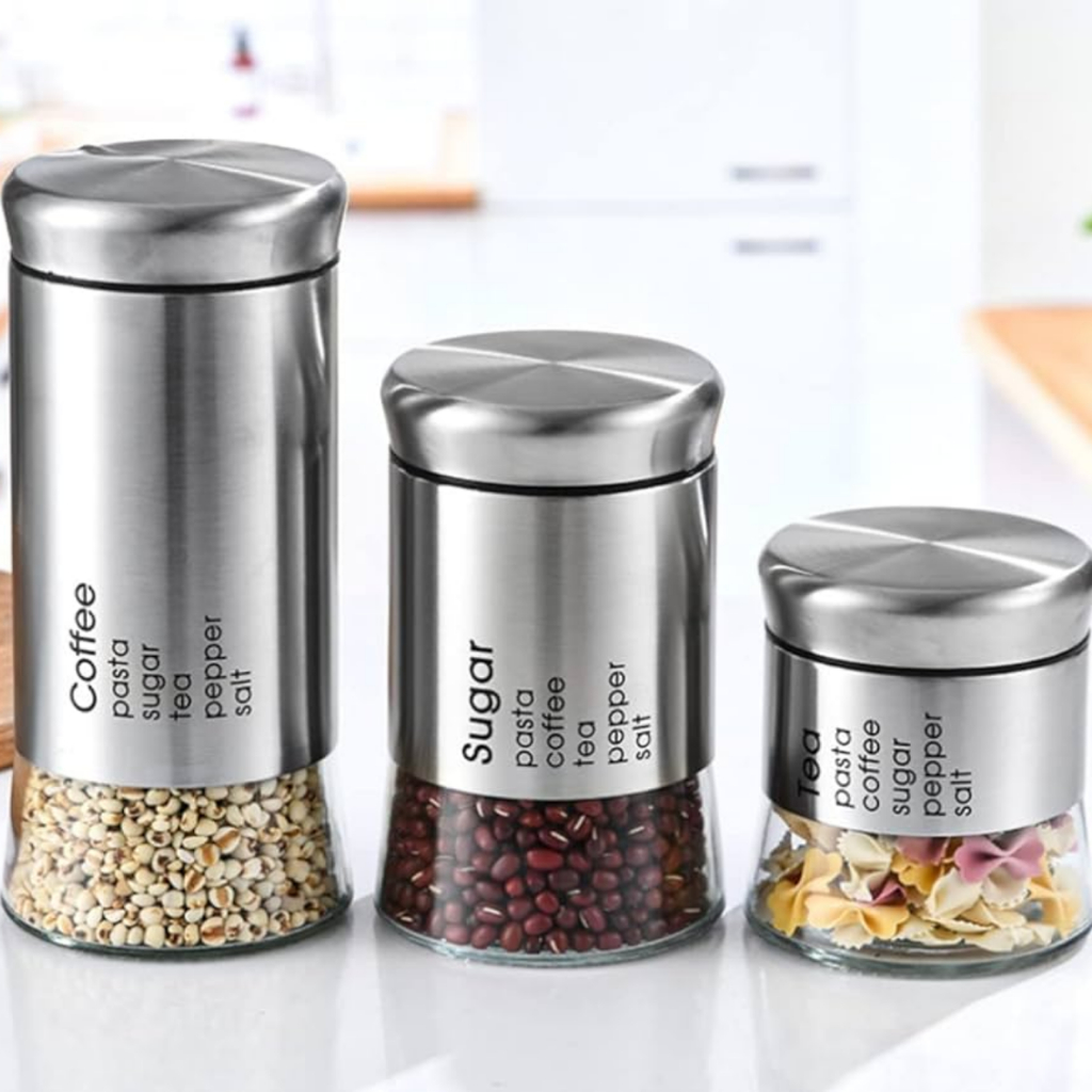 Porta Temperos Aço Inox e Vidro Conjunto Potes Preto e Cinza 3 Peças