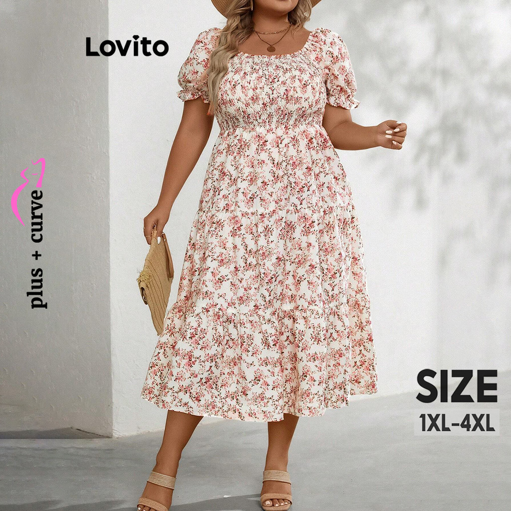 Lovito Vestido Plus Size Curve Boho Ditsy Floral Plissado Em Camadas Com Babados Para Mulheres LBL08205