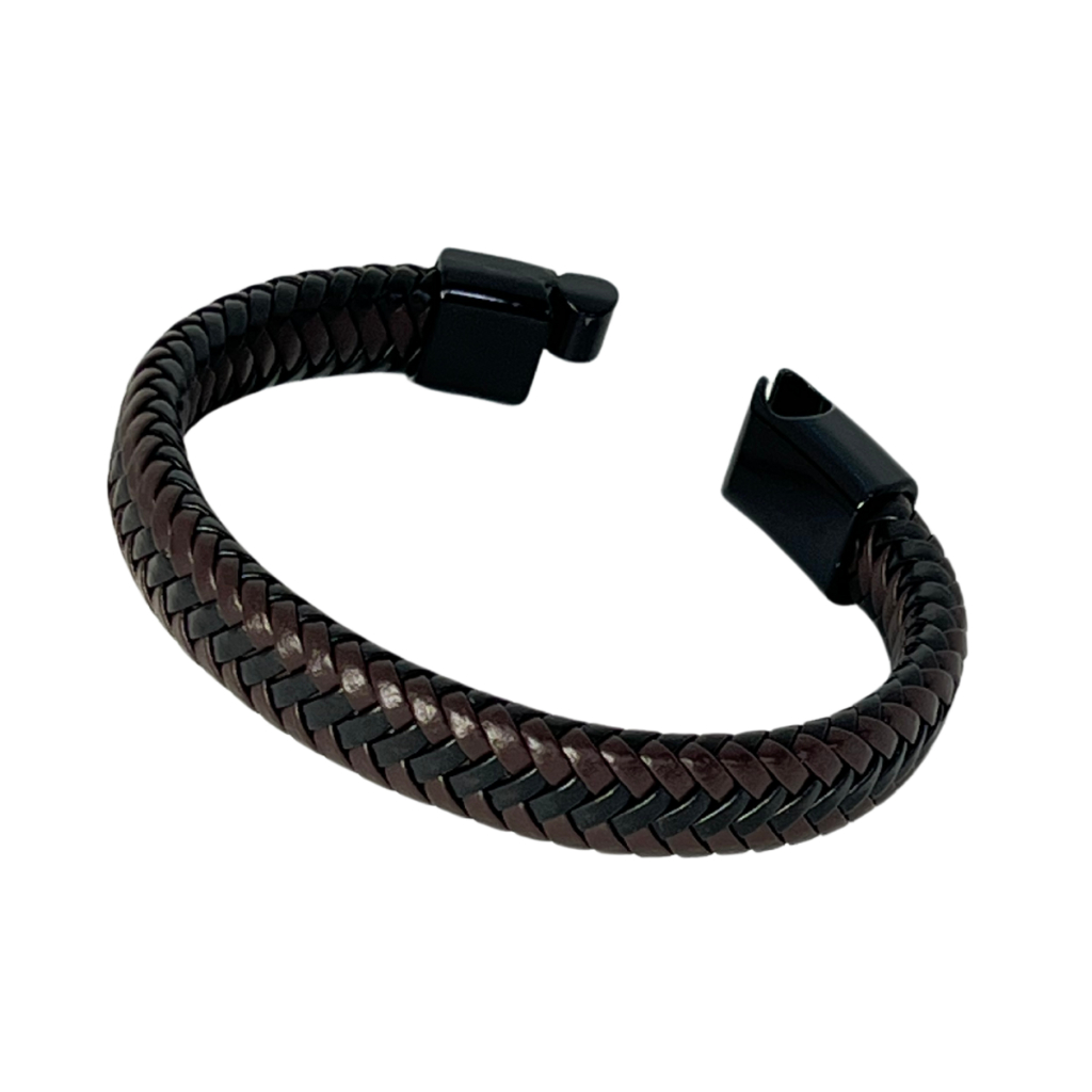 Pulseira Em Couro Trançado C/ Fecho Magnético Marrom E Preto
