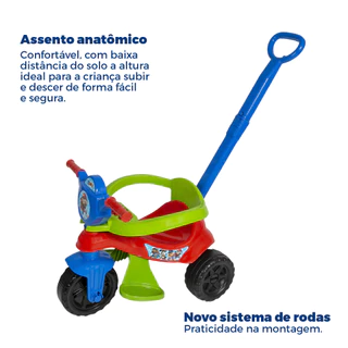 Motoca Triciclo Infantil Masculino - Com Pedal, Apoio para os Pés, Empurrador e protetor - Todos Itens Montáveis e destacáveis - Para todas as fases da criança
