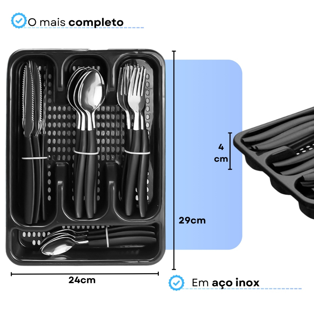 Jogo De Talheres Inox Com 24 Peças + Suporte Gaveteiro Completo Organizador de gavetas