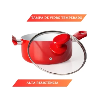 Conjunto 4 Panelas Cerâmica Leiteira Frigideira Vermelha Antiaderente Com Tampa De Vidro Temperado Cozinha Restaurante Casa Loja Gastronomia