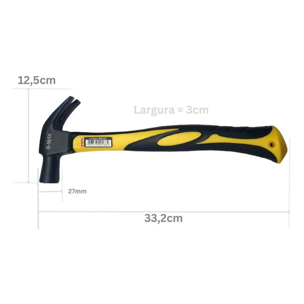Martelo Unha 30cm Cabeça Aço Cabo Emborrachado Profissional Carpinteiro 27mm