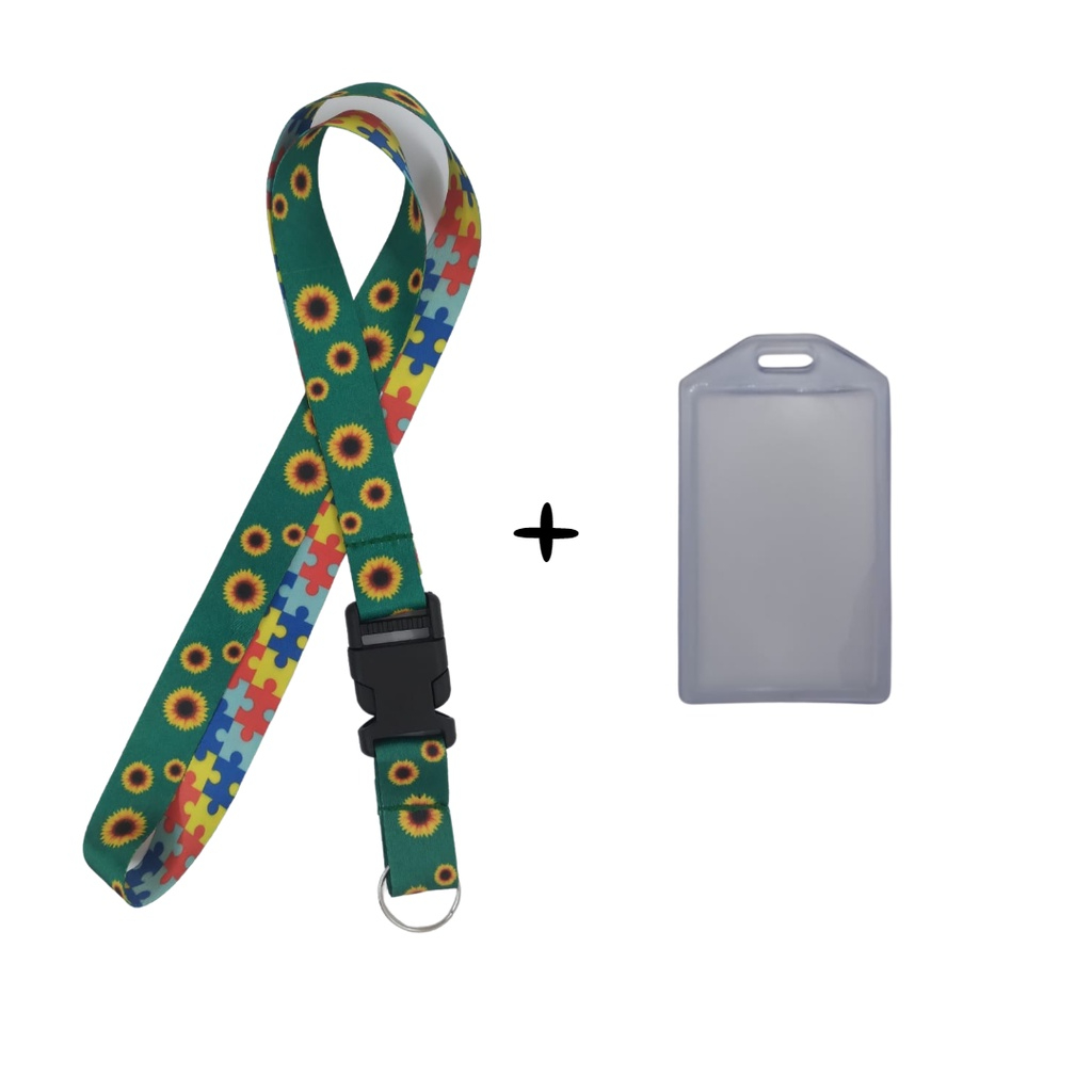 Kit Cordão Chaveiro Estampa Autista Autismo Pescoço Fecho Engate Rápido + Porta Cartão Crachá