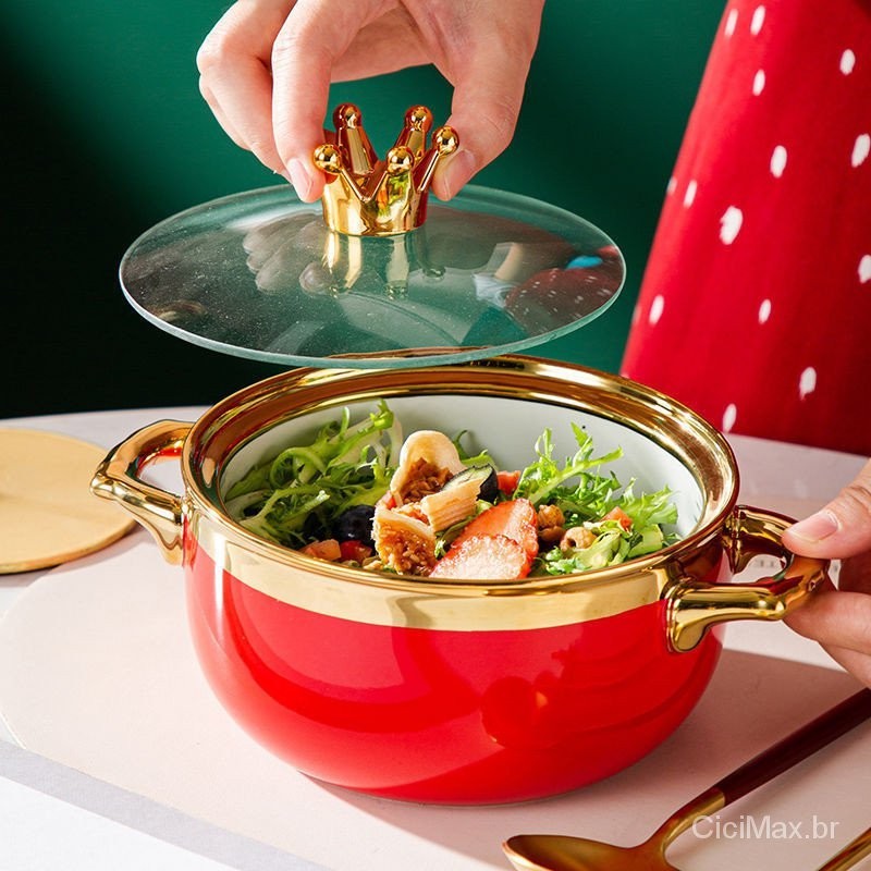 Tigela de sopa, tigela de macarrão instantâneo de estudante individual, tigela de cerâmica de duas orelhas com tampa de grande capacidade tigela de arroz criativa dormitório nórdico