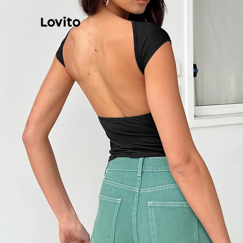 Lovito Camiseta Casual Lisa Sem Costas Para Mulheres LNL39052 (Damasco/Azul Pálido/Preto)