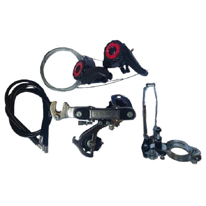 Kit Com 5 Peças, Par Alavancas Câmbio Dianteiro e Traseiro Com Gancheira + Cabos + Passador Alavanca Nylon Completo Aço Cromado 18 Velocidades Sun Shine - Para Bicicletas/Ciclismo/Bike/MTB - Marchas/Transmissão/Relação - Tipo Shimano