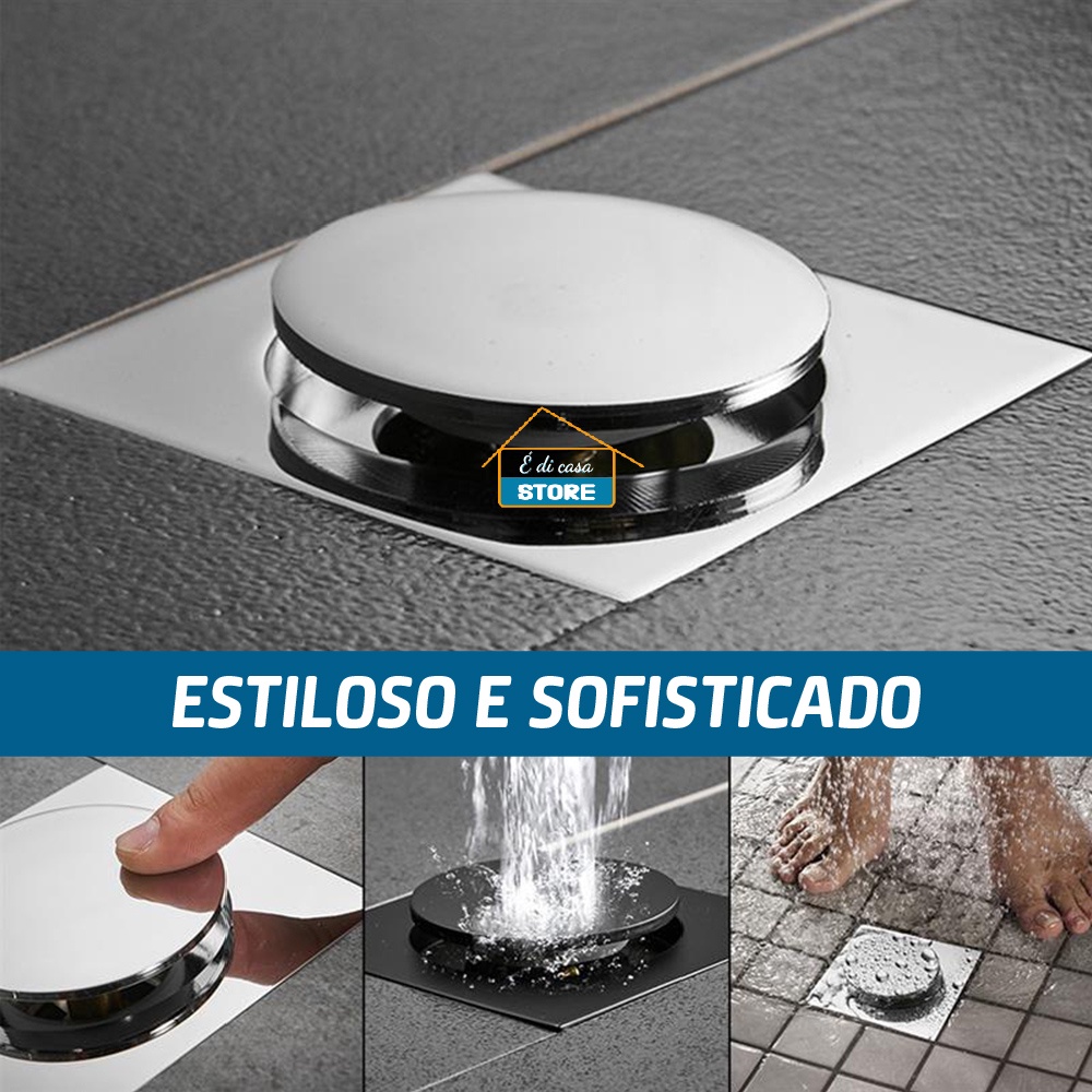 Ralo Inteligente Click Up 15x15 Cm De Aço Inox Para Banheiros Anti Odor E Insetos
