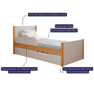 Bicama Solteiro Elza Nature/Off White com proteção lateral e cama auxiliar - 100% MDF