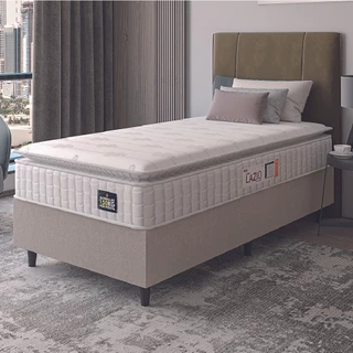 Cama Box Colchão Solteiro Espuma D45 Lazio Pillow Top 88x188x67cm Branco / Bege Hellen - Suporta até 120kg por Pessoa
