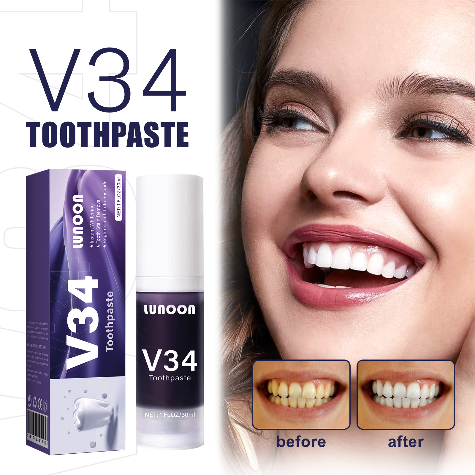 Lunoon V34 Creme Dental Roxo Branqueador Remove Manchas de Fumo Remover ...