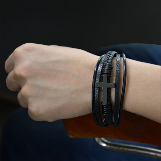 1 Peça Moda Moda Criativa Tecido à mão Bracelete Cruz de Couro Bracelete de Couro Preto Jóias Masculinas de Múltiplas Camadas Pulseira Diária Masculina