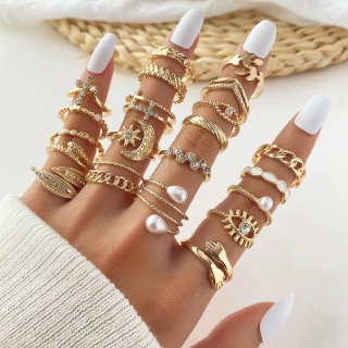 Anel de Orelha de Trigo com Olho de Pérola de Diamante Estilo Europeu Americano Conjunto de 23 peças Fashion High-End Feeling Couple Jewelry