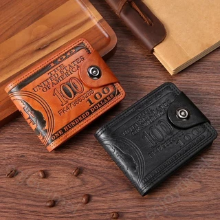 Carteira masculina retrô americana com padrão de 100 dólares, fivela magnética curta, carteira masculina de couro pu com