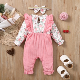 Roupas Para Bebês Recém-Nascidos Romper Set 2Pcs 3-18 Meses Fofo Floral De Manga Longa Fita De Rufo Rosa Costas + Cabeça Impressa Roupa De Moda De Outono .