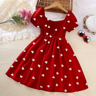Meninas grandes crianças vermelho em forma de coração impresso pescoço quadrado vestido de manga curta menina