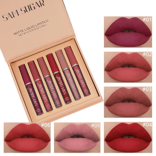 Sam SUGAR Copo fosco fosco sem cola 6pcs Caixa de presente com brilho labial Conjunto de batom fosco de veludo fácil de colorir Batom Líquido Feminino