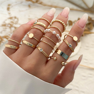 16 Peças Por Conjunto Círculo Fino Com Anéis De Pérola E Dedo De Cristal Para Mulheres Encantos Da Moda Meninas Mão Cheia Acessórios Do 2024 Fashion Jewelry Female Gifts