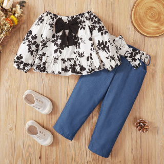 Baby Girl Flower Print Set 1-6 Anos 2Pcs Black Round Neck Manga Longa + Cinto Borboleta Calça Lavada Em Falsa Roupa De Moda Spring .