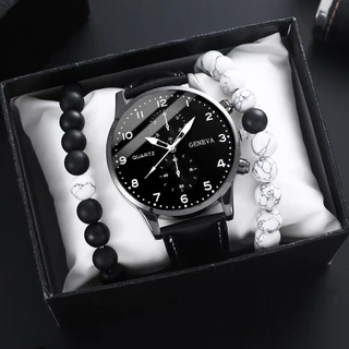 Relógio de Couro Casual de Genebra Pulseira de Couro de Quartzo Pulseira Turquesa com Contas