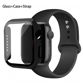 Glass + Case + band Para Bandas De Relógios Apple 44mm 40mm 45mm 41mm 42mm Pulseira De Silicone Esportivo i Watch Series 9 8 7 6 5 4 3 SE