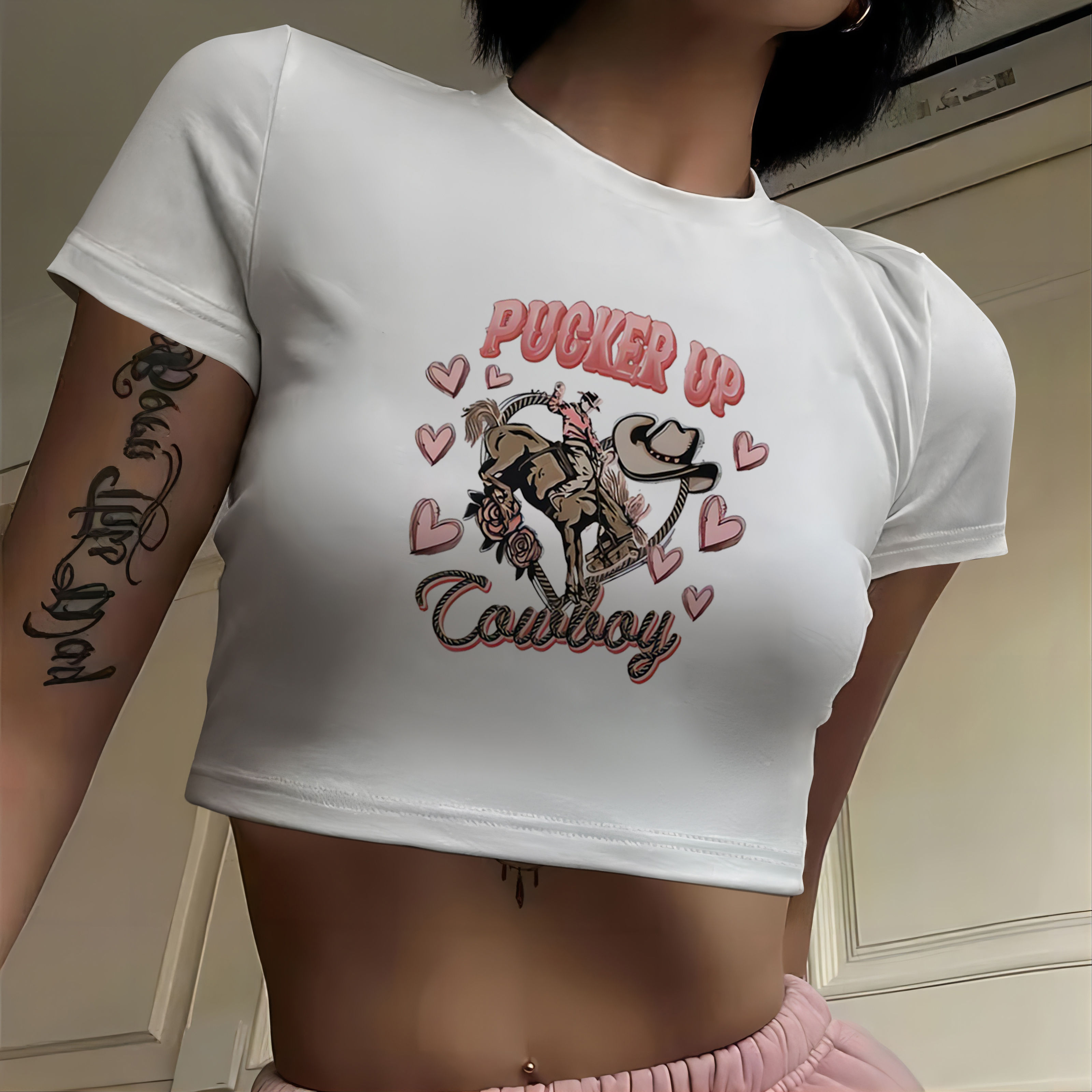 Carta De Personalidade Pucker Up Branco short Sleeve Tee Simples Y2K Sweet Picy fit crop top