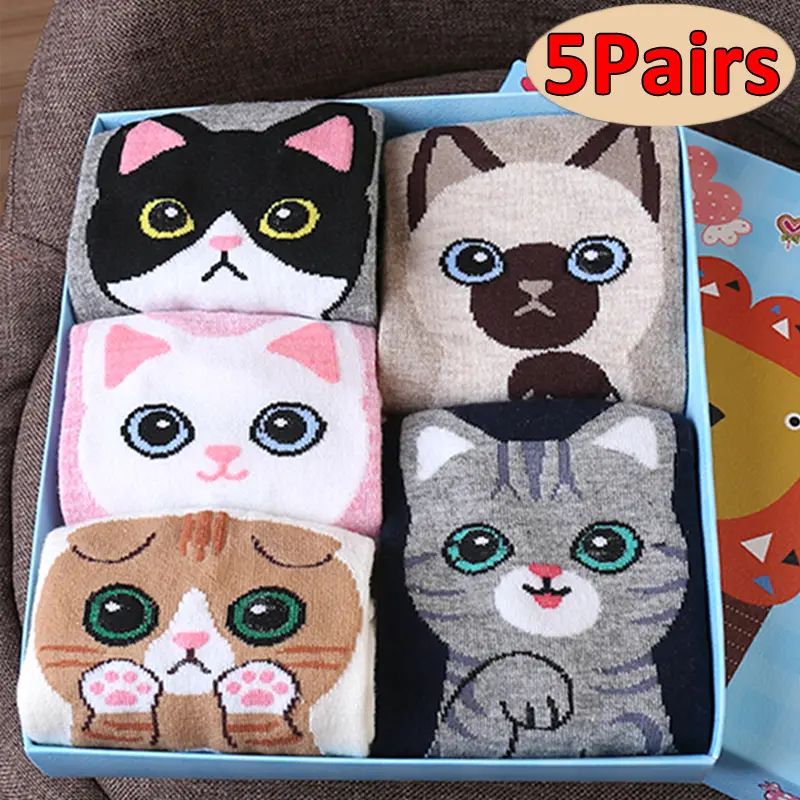 5 Pares Meias de Gato Confortáveis e Fofas de Gato de Cartoon Mulheres - Padrão Animal Absorvente de Suor