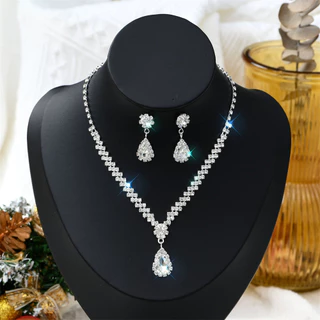 Conjunto de Joias Elegante em Forma de Lágrima Novo para Noiva, Colar e Brincos de Cristal para Casamento em Oferta na Shopee
