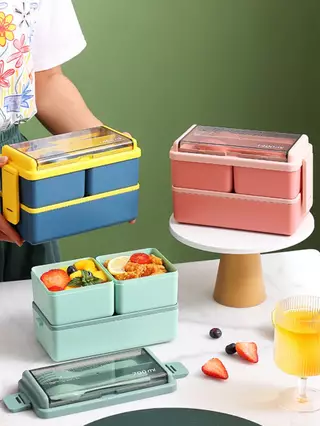 Dupla Camada De 1400ml Eco Friendly Para Crianças Caixa Plástica Portátil De Microondas À Prova De Vazamentos Almoço De Alimentos