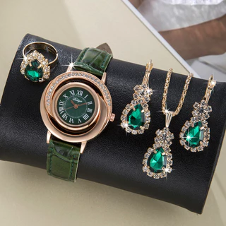 Um relógio de quartzo com calendário retrô diamantado feminino +4 Conjunto de peças Love Jewelry