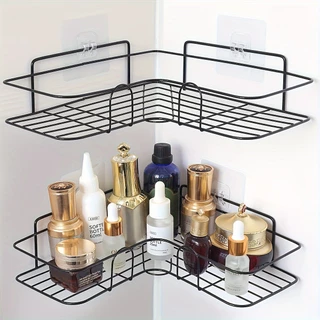1pc White/Black Non Punch Bathroom Storage Rack Tripod Com 2 Adesivos Sem Costura Prateleira De Parede Para Banheiros