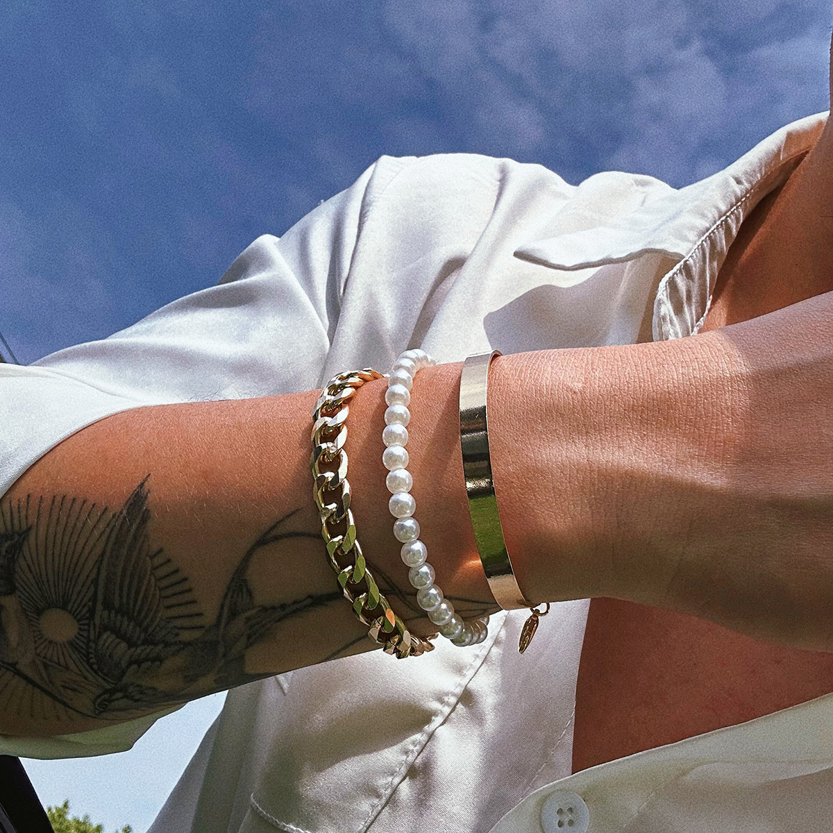 Pulseira Combinada de 3 Peças Fashion Pearl Bracelet Corrente Simples Tudo em Combinação de Abertura Retro Design Simples Conjunto de Pulseiras Homens Jóias Mulheres