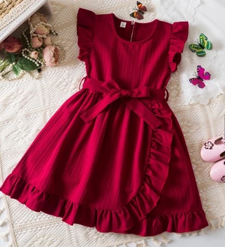 Meninas vestido vermelho folha de lótus cinto de renda moda menina vestido de manga curta vestido de princesa vestido de