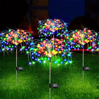 Lâmpada De Fogo-De-Artifício Dente Leão De 8 Modos Com Energia Solar Para Exterior Grama 90/120/150/180/200 LED Luz De Férias No Jardim
