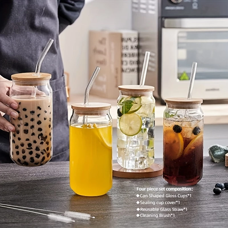 Xícara de Água 500ML + Tampa Bambu, Copos Altos Borosilicato, Garrafas Boba Reutilizáveis, Café Chá