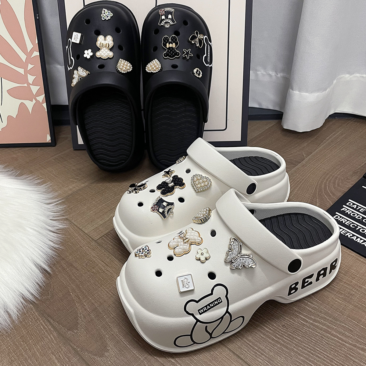 Moda Urso Branco Preto Linha Simples de Solda Grossa de Urso Branco Sapatos de Buraco de Urso E05