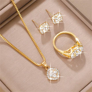 Senhoras strass colar brincos anel conjunto jóias brilhantes moda elegante elegante All-Match
