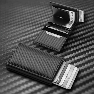 Porta-cartões de couro PU Porta-cartões de couro Rfid Mini Ultra-Thin Aluminum Alloy Automático Pop-up