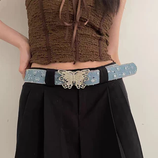 Americano retro denim Estilo design Sentido Borboleta Buraco Lantejoulas Rebite Decoração Cinto Moda Tendência Acessório