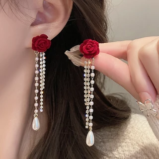 Brincos Rosa De Veludo Vermelho Para Meninas Flores Pérolas Borlas Longas Acessórios Femininos