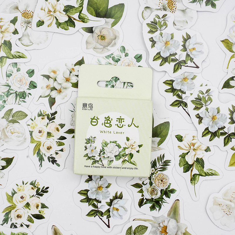 46pcs PVC Retro White Flowers Collage Padrões Ricos Em Colagem De Flores Brancas Papelaria Para Estudantes , Diários , Copos , Laptops , Livros De Recortes , Presentes , Adesivos Decoração