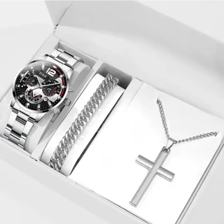 Conjunto 3PCS Relógios De Moda Homem Luxo Relógio De Pulso De Quartzo De Aço Inoxidável Calendário Luminoso Casual De Negócios Com Pulseira Esportiva Masculina De Colares