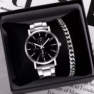 Combinação de relógio de pulso [relógio + pulseira] Casual masculino relógio de quartzo pulseira de aço simples mostrado